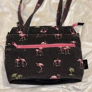DONNA SHARP FLAMINGO NAVY BLUE AND PINK CANVAS TOTE/SHOULDER BAG ZIPPER CLOSURE